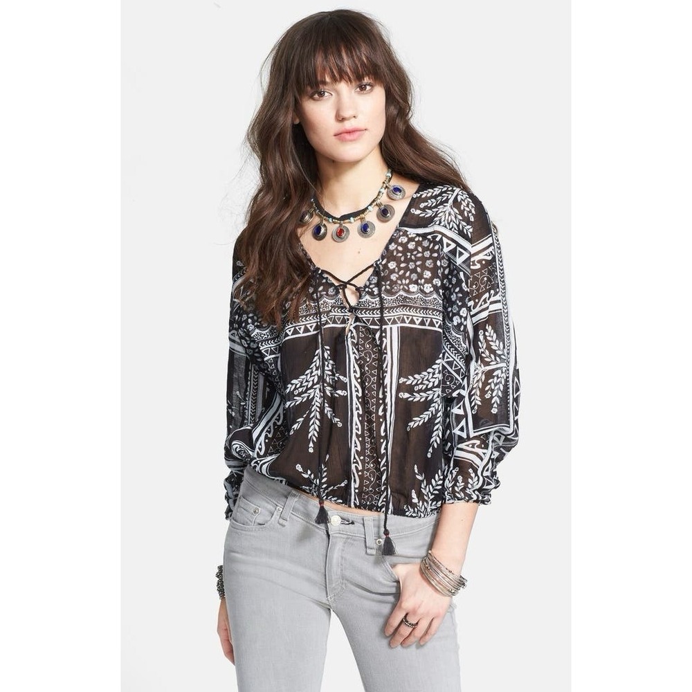 Free People Black White Sheer Yo Yo Geo Blouse Size Large